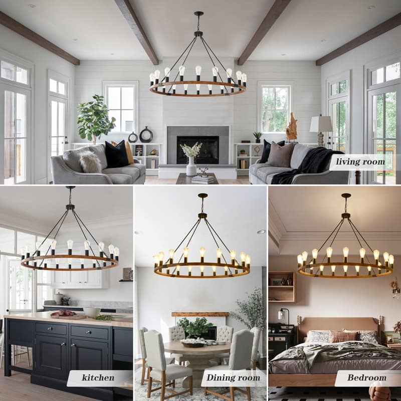 Farmhouse Wagon Wheel Chandelier - Rustic Wood & Metal Adjustable Pendant Light for Dining Rooms, Kitchens & Entryways