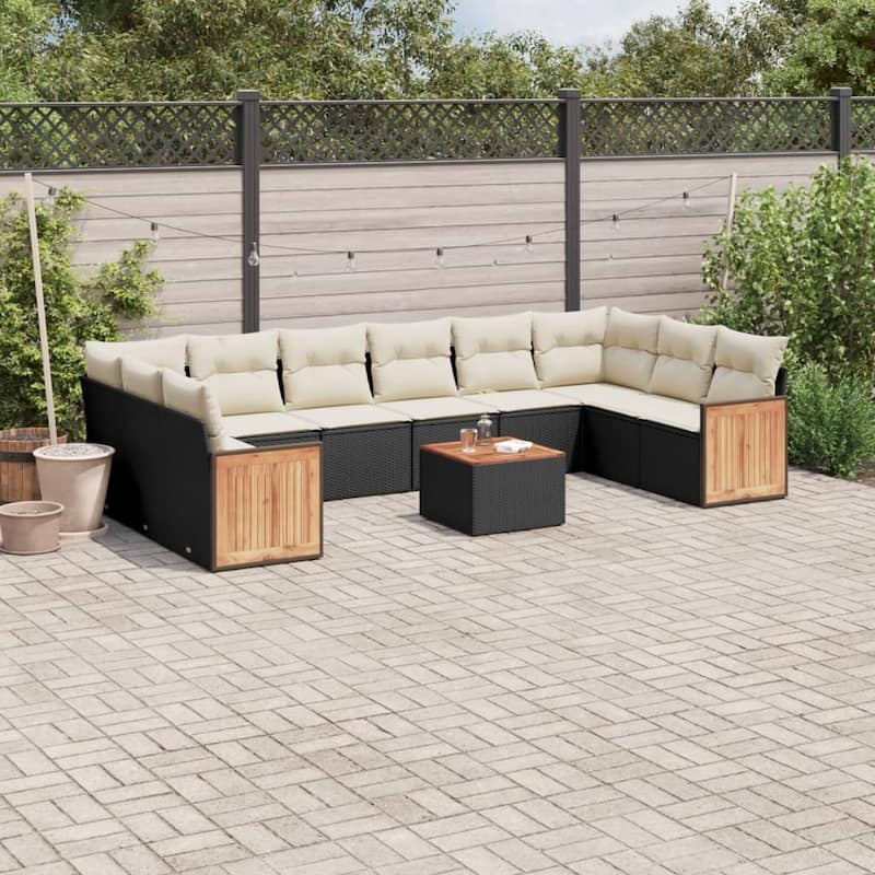 vidaXL Patio Sofa Set with Cushions Outdoor Conversation Furniture Poly Rattan - Black and Cream-With table - 21.7 x 21.7 x 14.6