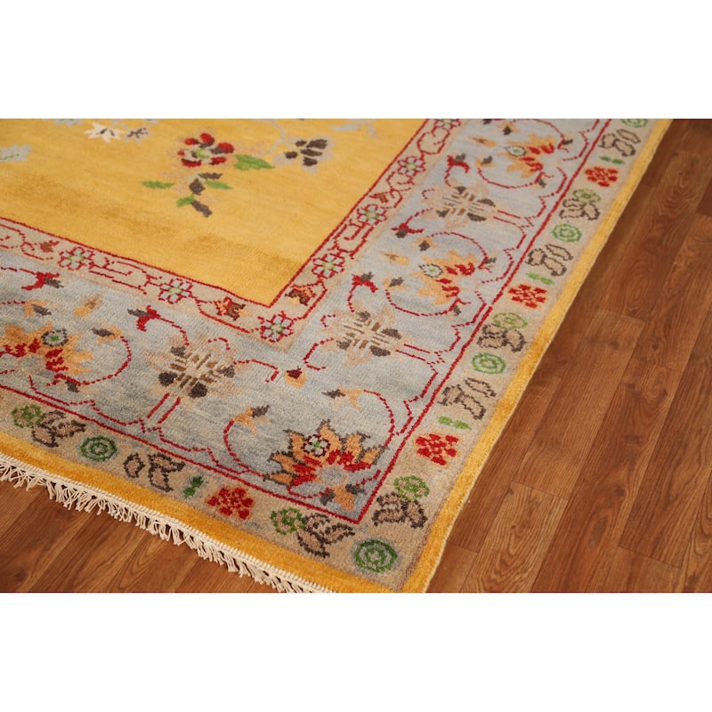 Floral Yellow Heriz Serapi Indian Area Rug Hand-Knotted Wool Carpet - 7'9" x 9'11"