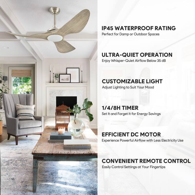 CO-Z 52" Outdoor Wet-Rated Waterproof LED Ceiling Fan with Dimmable Light and Remote Control