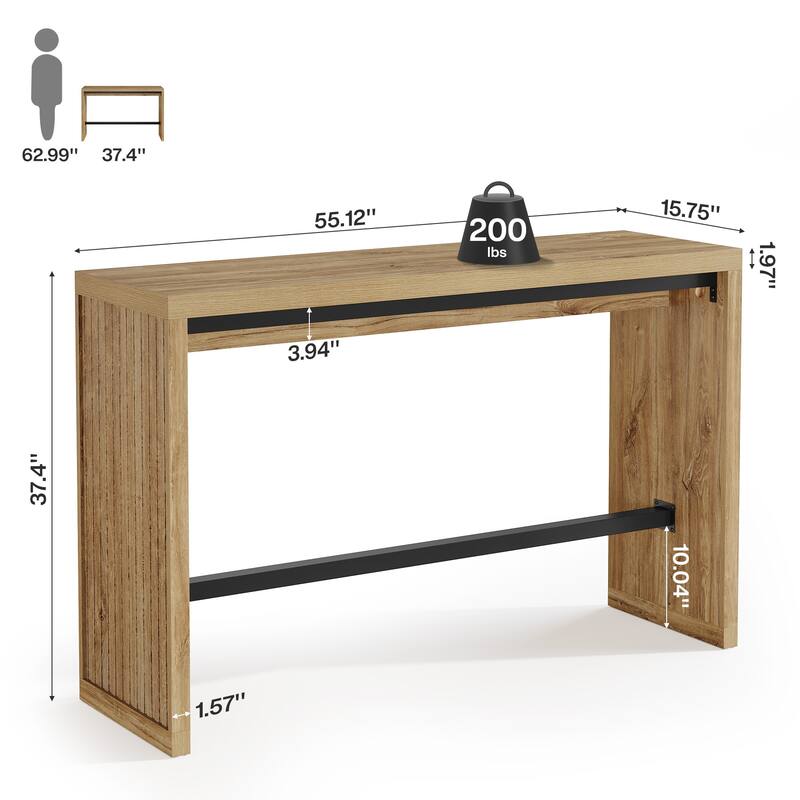 55 Inch Bar Table, Wooden Counter Height Table with Metal Footrest - 55.11" W x 15.59" D x 37.40" H