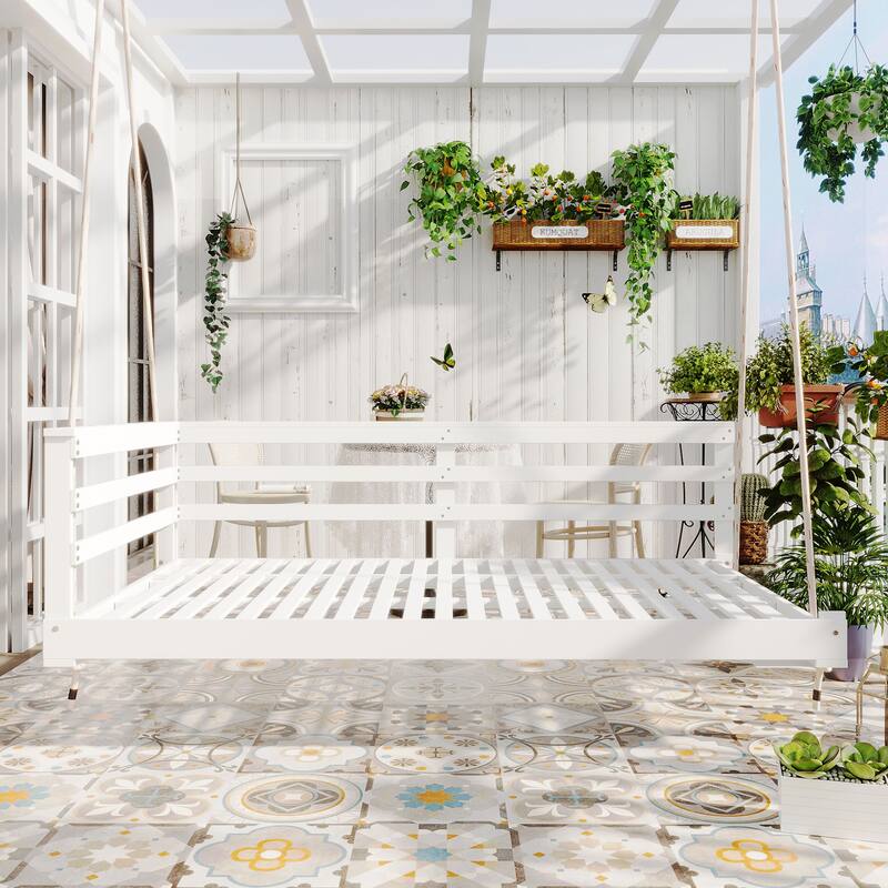 Patio Wooden Twin Size Swing Daybed Porch Swing Frame With Hemp Ropes (Excluding the table)