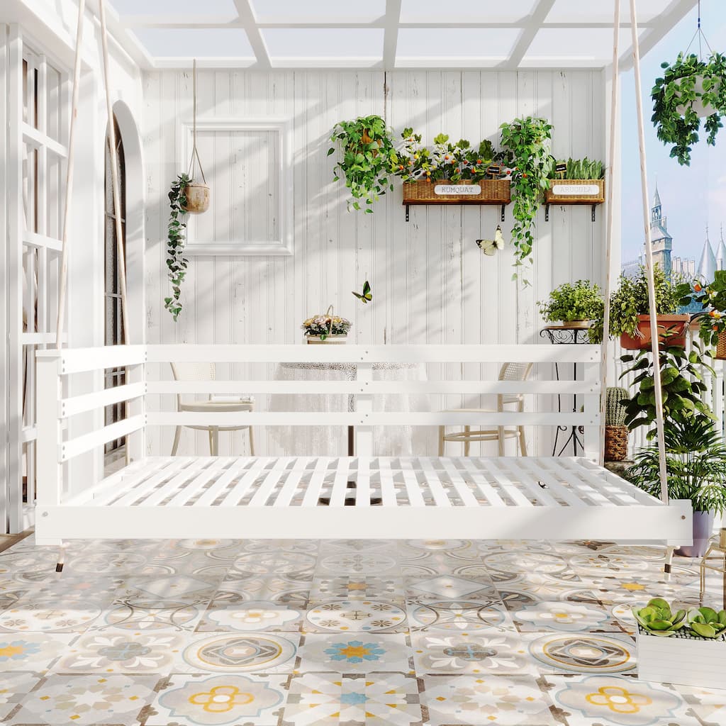 Patio Wooden Twin Size Swing Daybed Porch Swing Frame With Hemp Ropes (Excluding the table)