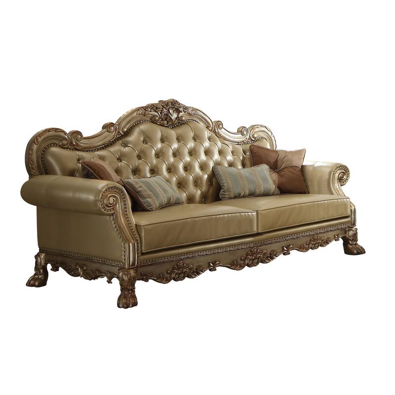 HomeRoots 85" Bone Faux Leather Wood Sofa With Toss Pillows