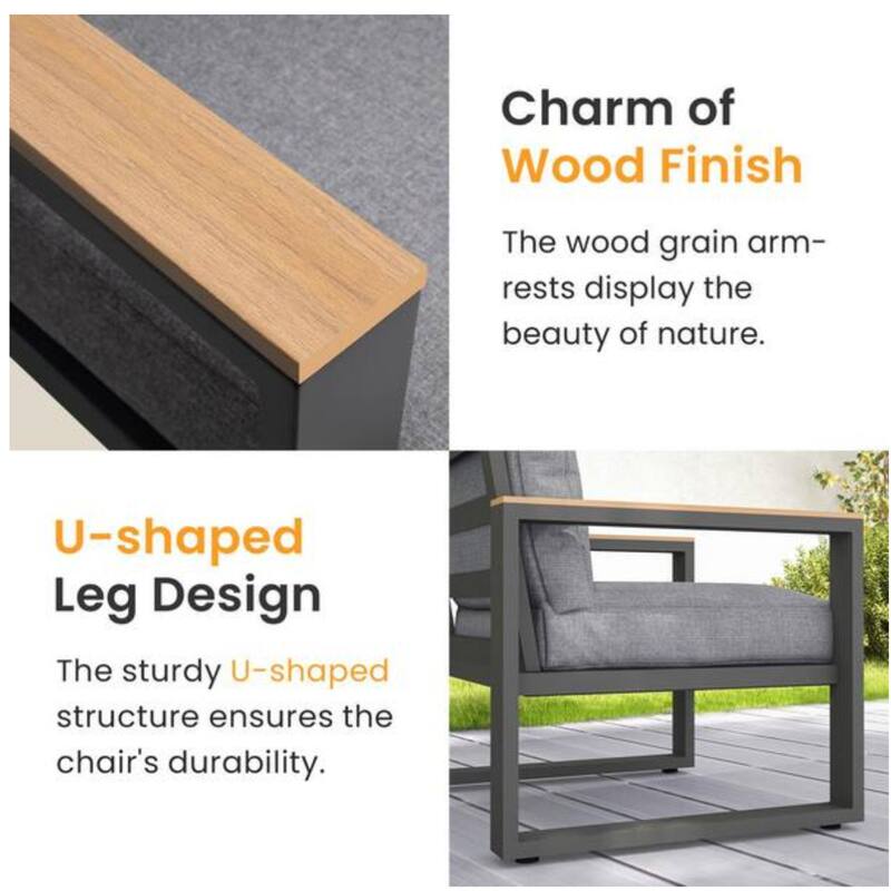 Set of 2 26.6" Aluminum Patio Armchairs with Thick Gray Cushions