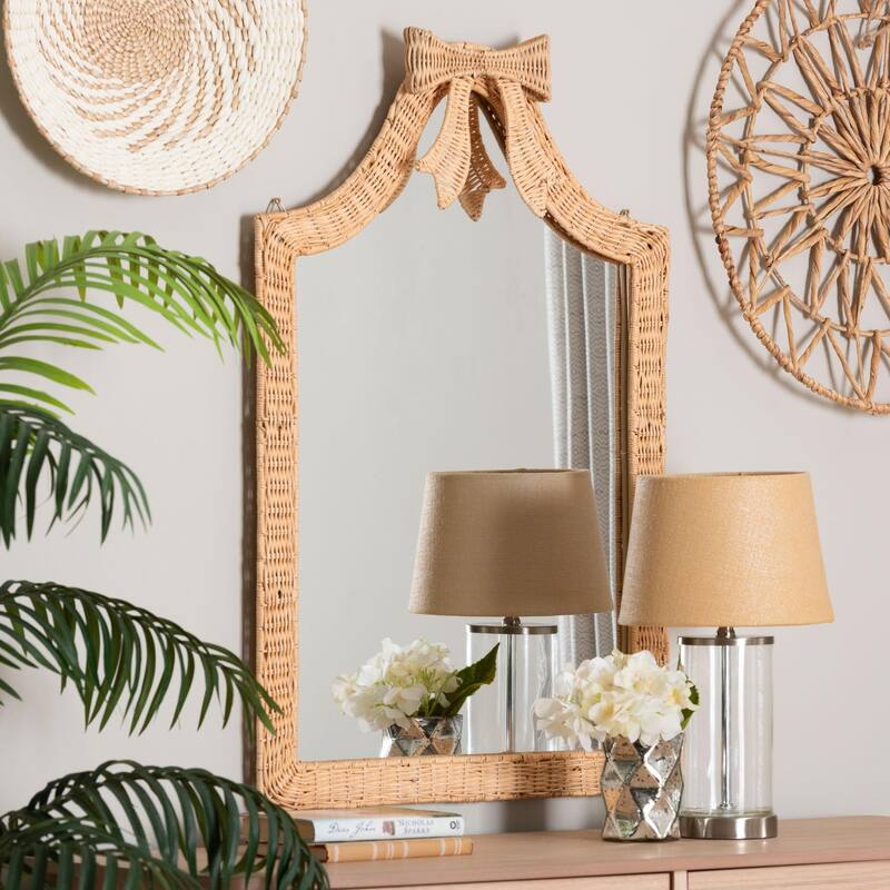 Creusa Natural Rattan Wall Mirror - Handwoven Arched Mirror with Scalloped Corners and Bow Accent, Boho Coastal Style - Honey