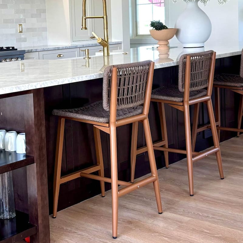 PURPLE LEAF Bar Stools Set of 2 Patio Wicker Bar Height Metal Chairs Boho High Barstools with Back for Garden Outdoor