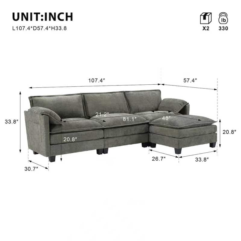 L-Shaped Corduroy Sectional Sofa with Ottoman, Lounge Sofa with Storage Armrest Cushions, Modular Corner Deep Seat Sofa