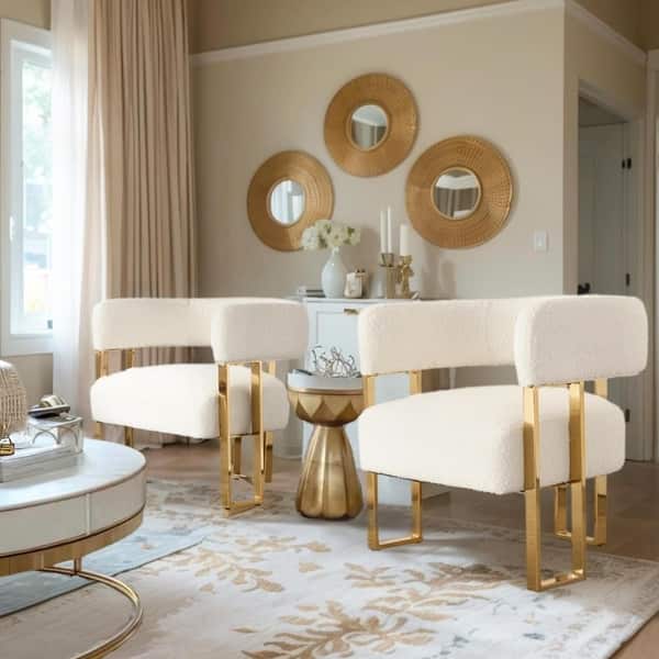 Set of 2 White Boucle Barrel Accent Chairs with Gold Metal Legs - White ...