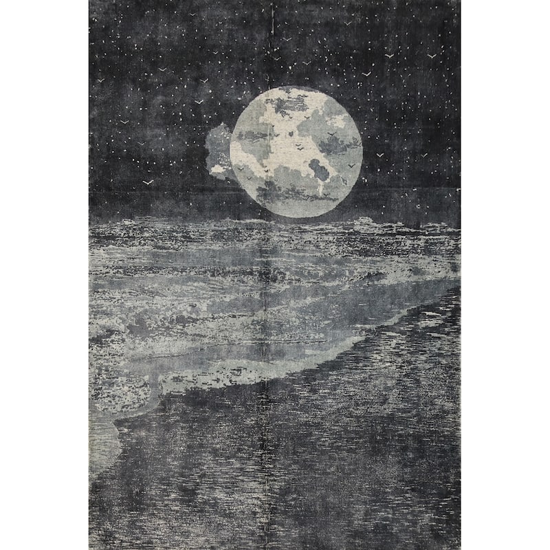 Hand Knotted Oriental Viscose Silk Carpet Modern Pictorial Greys & Charcoal Abstract Area Rug - 7' 8'' X 5' 7''