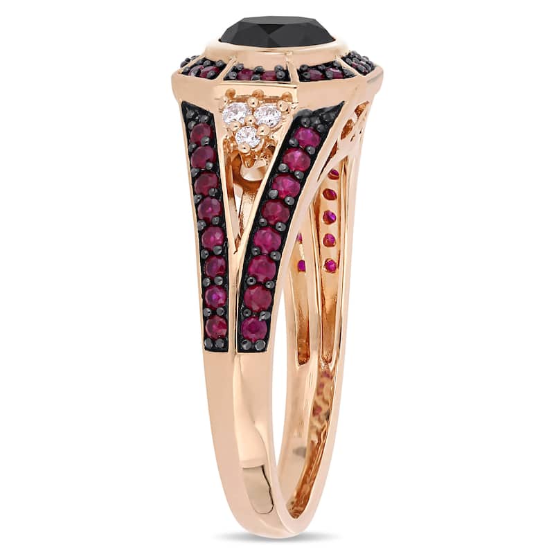 Miadora 1ct TDW Black White Diamond 1/2ct TGW Ruby Octagon Halo Ring in 10k Rose Gold