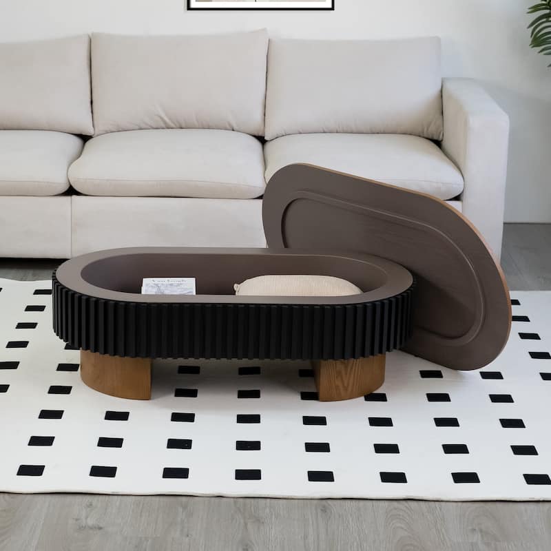 GDFStudio Nyverra Solid Wood Veneer Elliptical Coffee Table with Hidden Storage and Removable Top