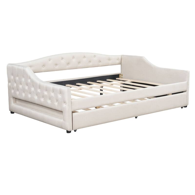 Full XL Upholstered Daybed with LED Lighting and Trundle in Beige