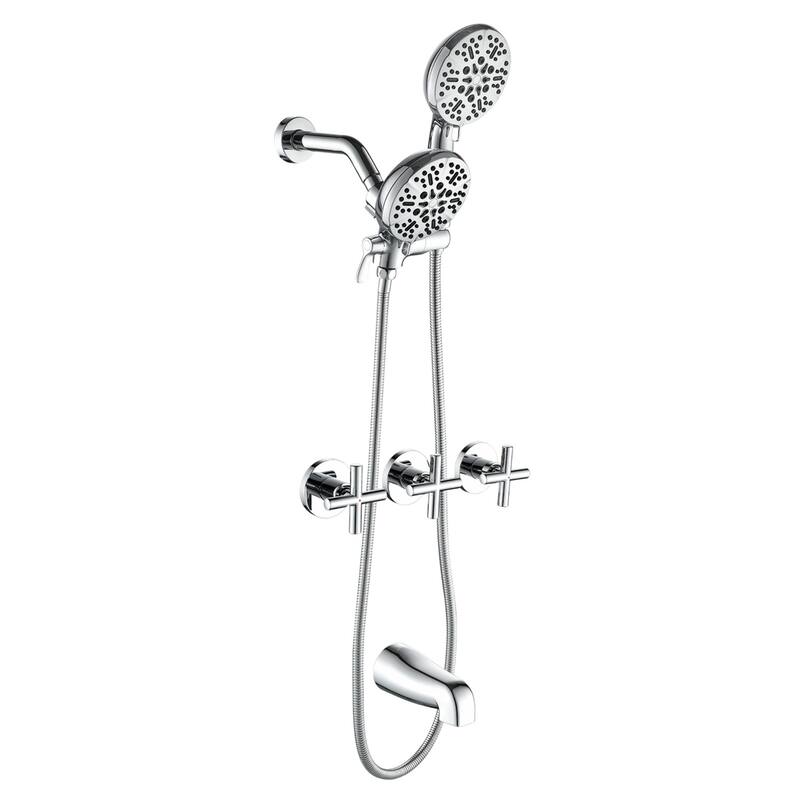 Modland 3-Handle Tub and Shower Faucet Set Dual Head 7-Spray Brass Valve Kit with Alloy Spout