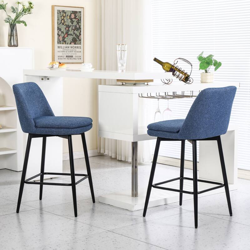 Swivel Bar Stools Set of 2 26 Inch Upholstered Linen Back Metal Legs