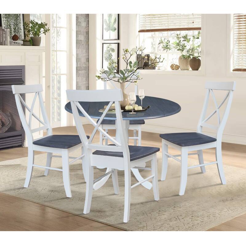 42 in. Drop Leaf Table with 4 Cross Back Dining Chairs - 5 Piece Set - White/Heather Gray