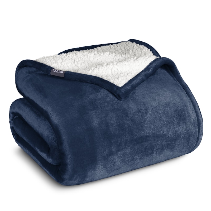 Bare Home Sherpa Fleece Blanket - Reversible Plush Bed Blanket - Throw/Travel - Dark Blue
