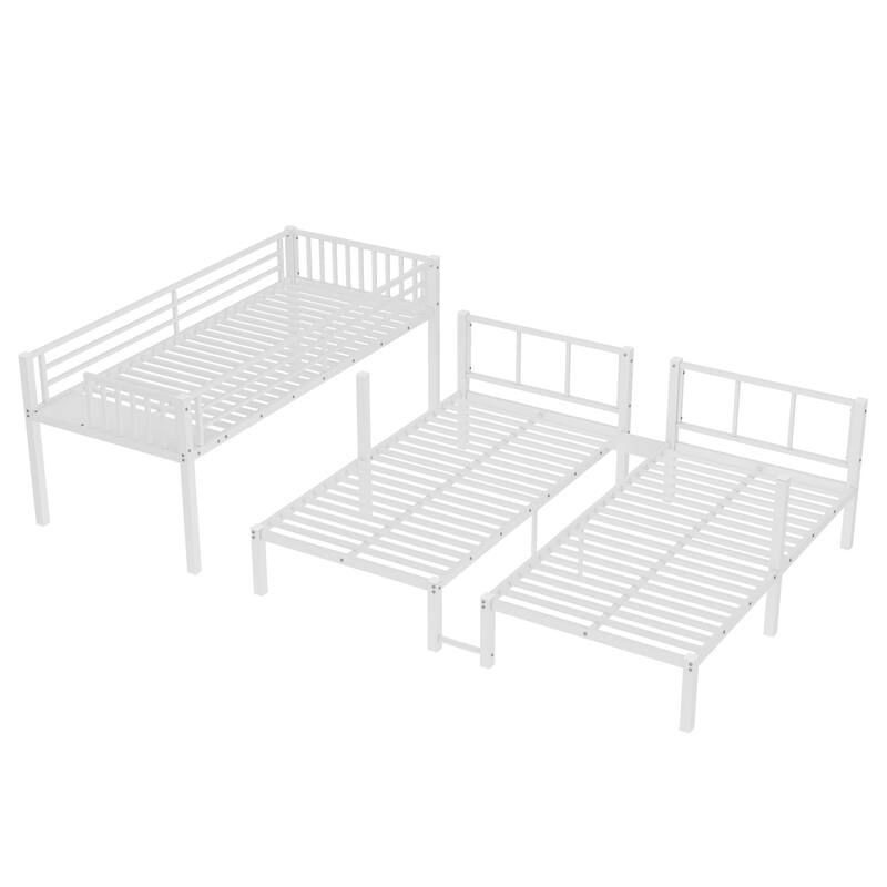 Convertible Metal Triple Bunk Bed with Guardrails, Built-in Shelf & Ladder, Detachable Twin and Twin XL Beds