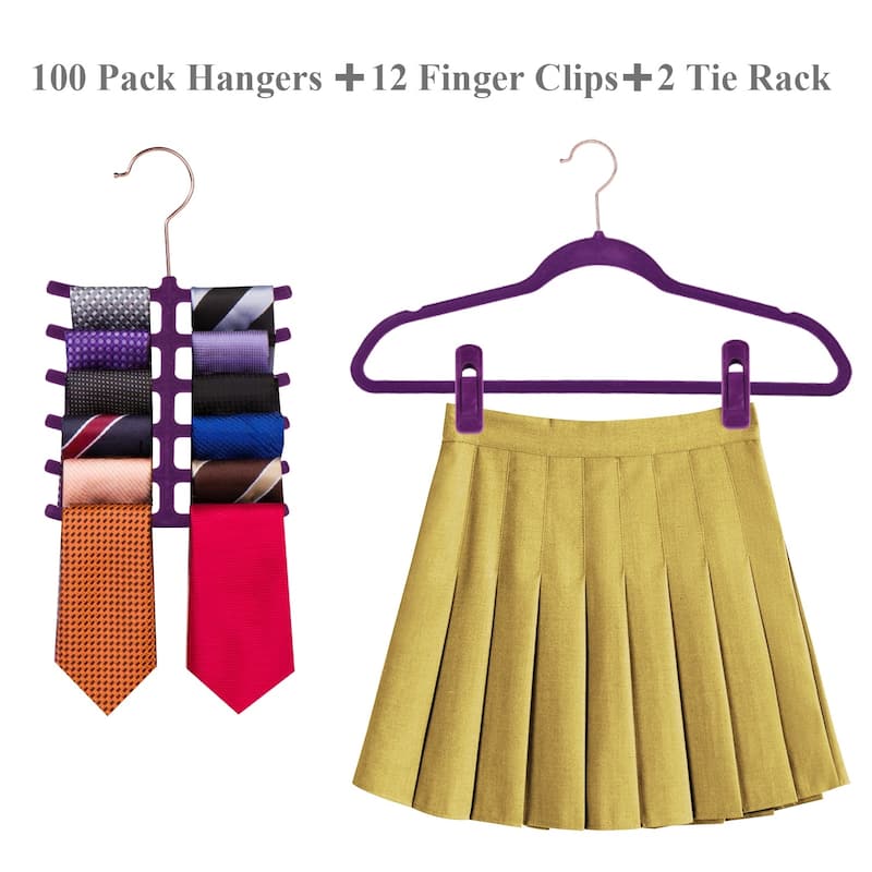 Javlergo 50/100 Pack Velvet Hangers, Heavy Duty Non Slip & Space-Saving Cloth Hangers with 6 Finger Clips & Tie Rack