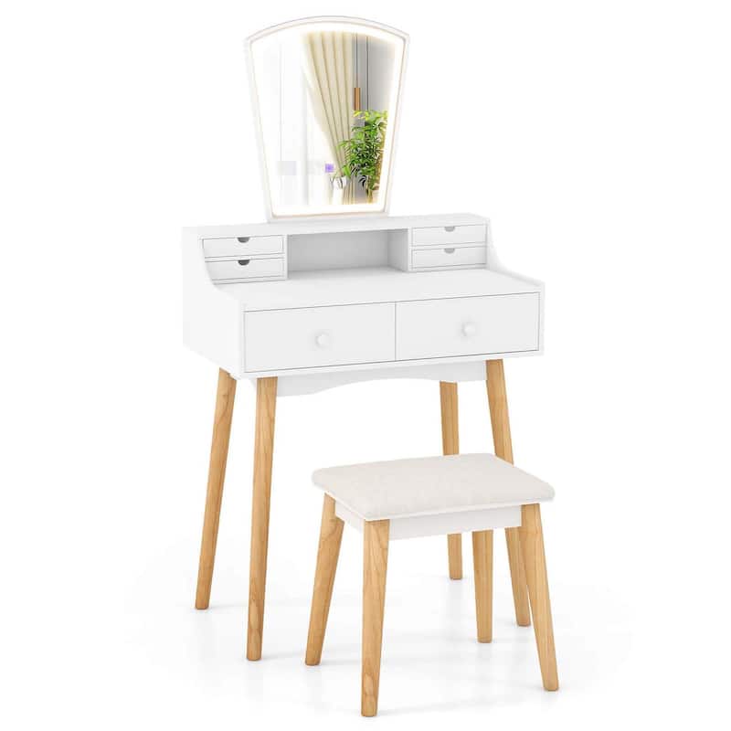 Dressing Table＆Chair Set Modern Vanity Desk Set w/Mirror & Lights - White