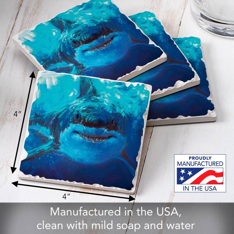 Deep Blue Shark Home 4-Pack Absorbent Stone Coasters with Protective Cork Backing 4" Square Made in The USA Easily Wipes Clean
