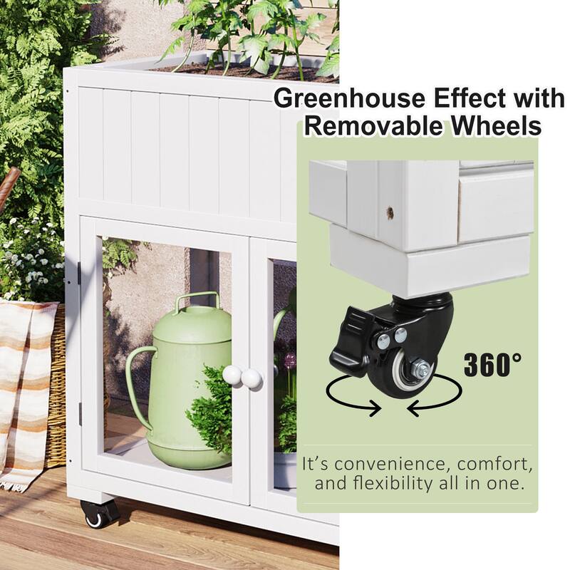 Patio 35.4x17.7x37.4 Mini Wood Cold Frame, Compact 2 Doors Garden Greenhouse with Wheels, Raised Bed with Liner