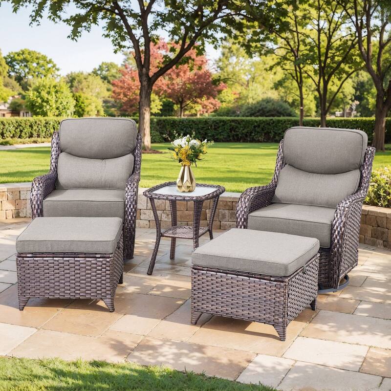 Outdoor Swivel Chairs with 6-Inch Thick Cushions for Garden - Brwon Wicker Grey Cushion - 5PCS Swivel Chair w/ Table Ottoman