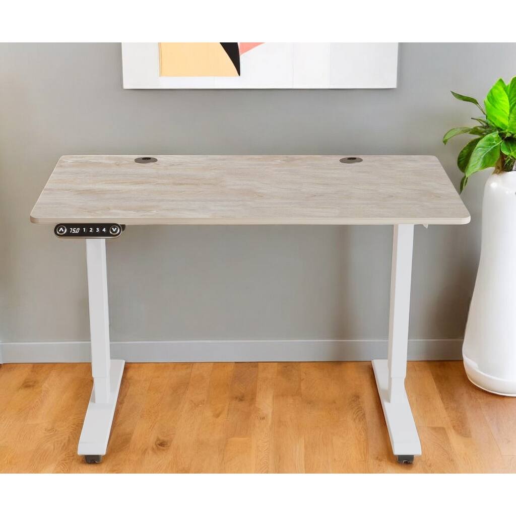 HomeRoots Adjustable Light Khaki and White Wood and Stainless Steel Rolling Computer Desk