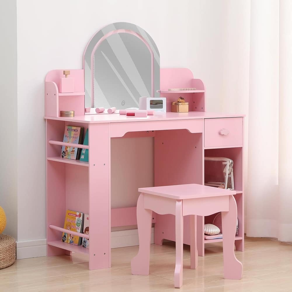 2 in 1 Kids Vanity Table & Stool with Lighted Mirror, Bookshelf and Makeup Palyset