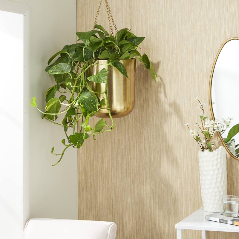 Black, Gold or Silver Metal Indoor Outdoor Hanging Dome Wall Planter with Chain (Set of 2) - Gold - Large