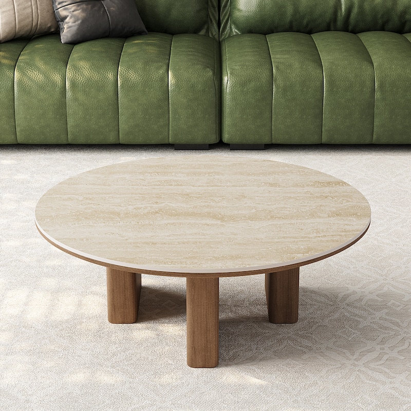 35.4'' Mid-Century Modern Round Coffee Table with Stone Countertop, Stain-Resistant Center Table for Living Room