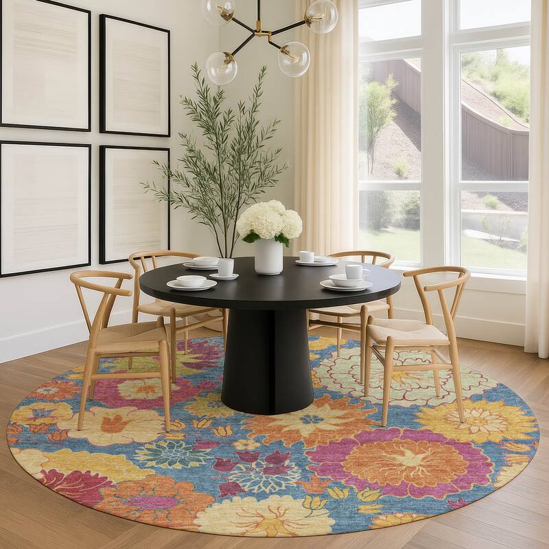 Machine Washable Indoor/ Outdoor Modern Floral Chantille Rug