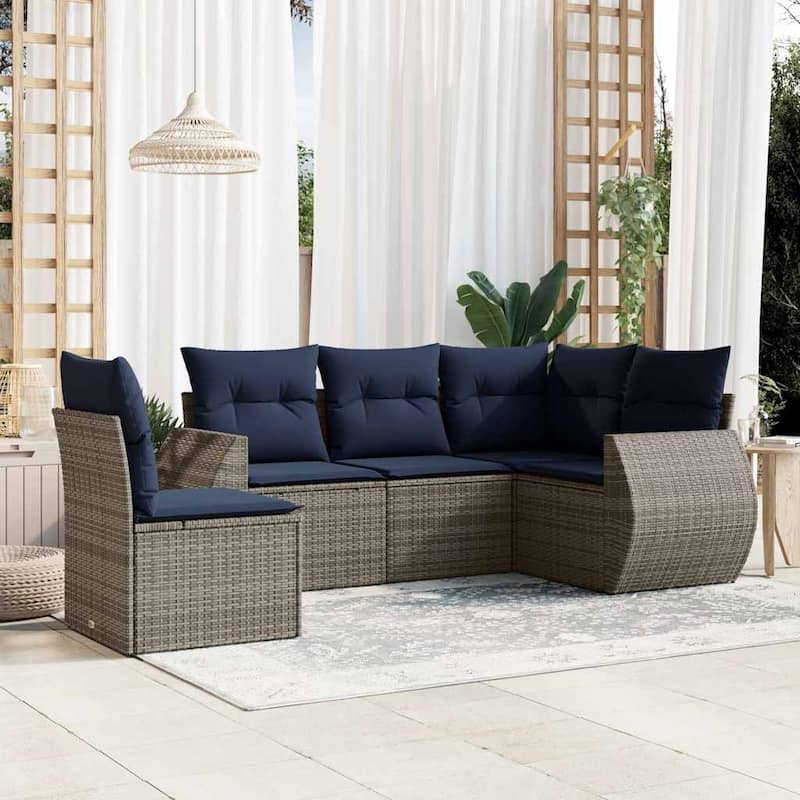 vidaXL Patio Sofa Set with Cushions Outdoor Conversation Furniture Poly Rattan - 24.4 x 24.4 x 27.2 - Grey and Blue-Without table