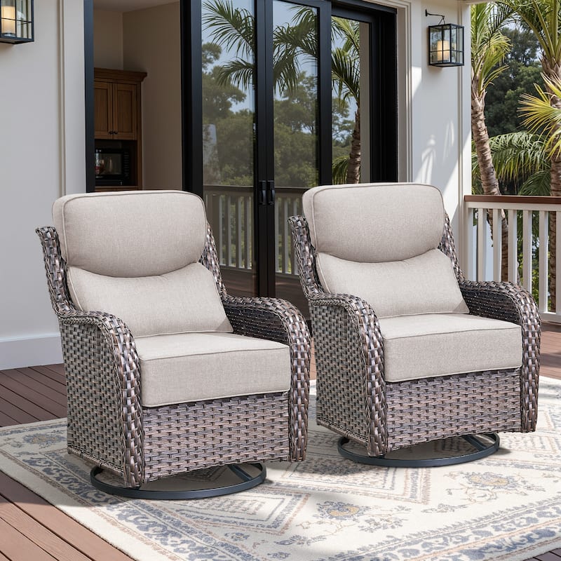 Arcadia Wicker Patio Swivel Glider Chairs with 6-Inch Cushions (2-Pack) - Brown Wicker - Beige Cushions