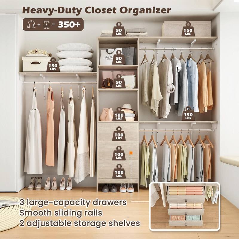 High-Capacity Closet Organizer Wardrobe Rack with Drawers, Shelves & Expandable Hanging Rods (Fits 6-9 ft Spaces)