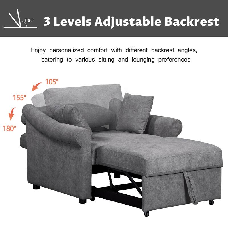 Chenille Accent Chair Convertible Sleeper Chair Adjustable Backrest Sofa Chair, 3 in 1 Chaise Lounges Chair Turns Into Chair Bed