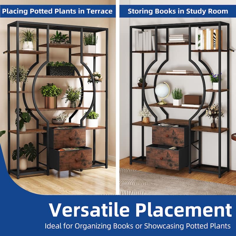 Moasis 6-Tier Bookshelf with 2 Drawers & 12 Open Shelves,Industrial Display Shelf Unit Bookcase