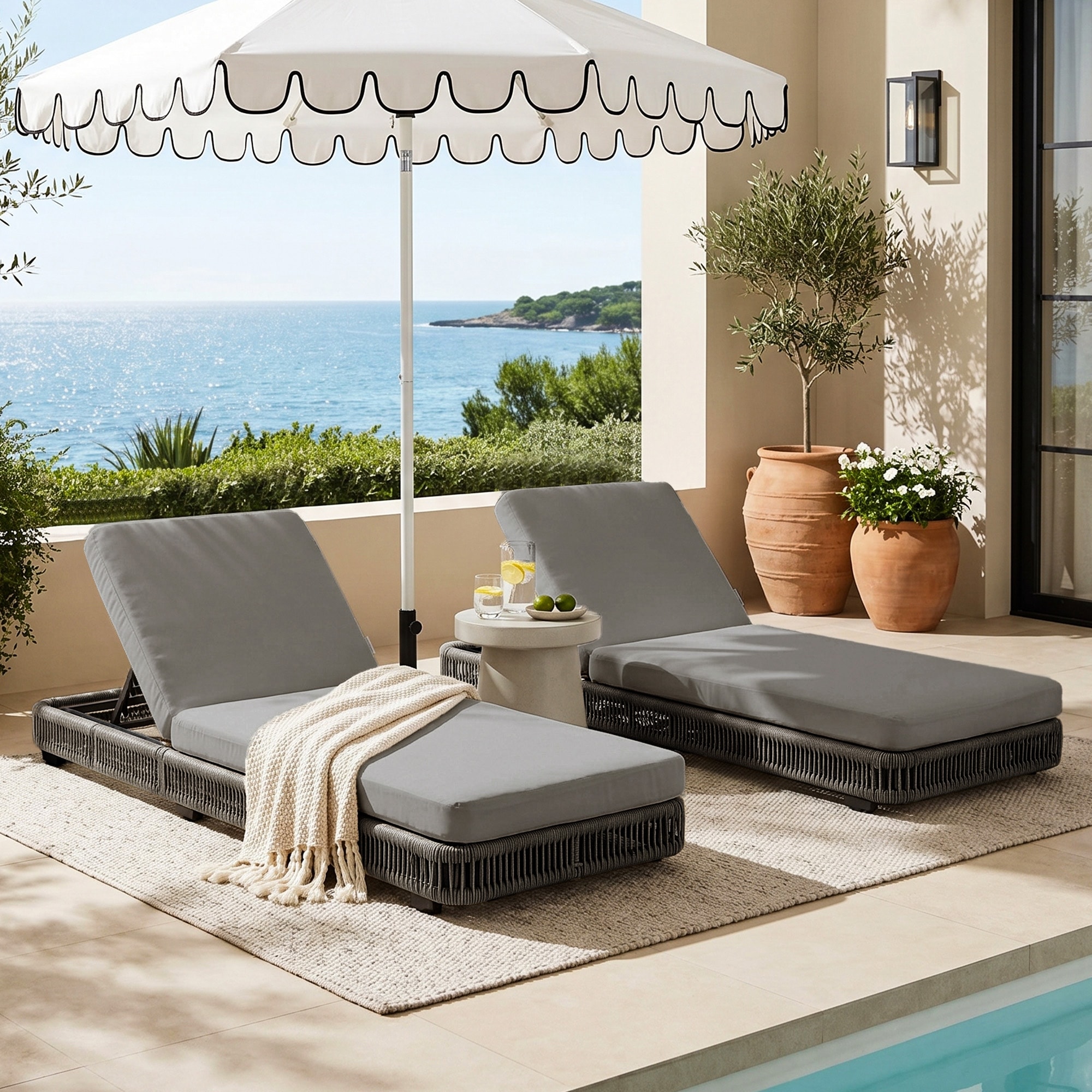 Set of 2 Outdoor Woven Rattan Chaise Lounge with Adjustable Backrest