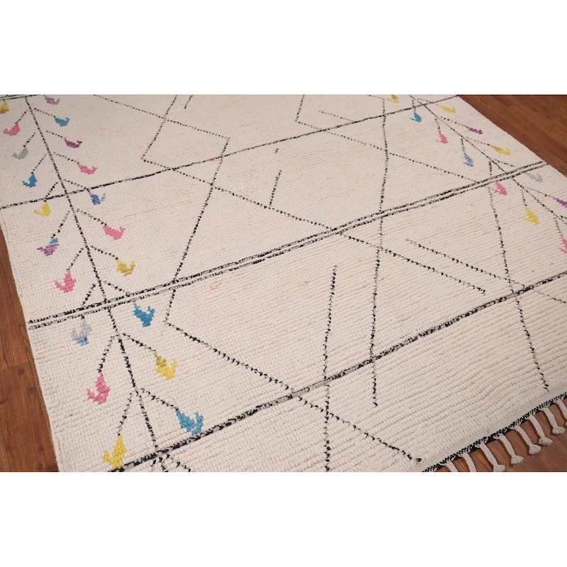 Earth Tone Moroccan Oriental Area Rug Hand-Knotted Beige Wool Carpet - 6'1" x 12'6"