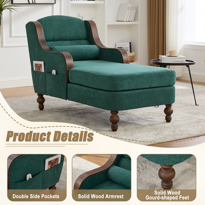 Ergonomic Chaise Lounge Indoor Chenille Single Lazy Sleeper Sofa Bed with Side Pockets, Solid Wood Armrests and Foots