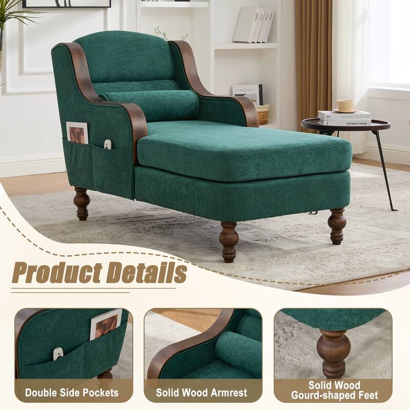 HOMEFUN Chenille Upholstered Wood Frame Oversized Chaise Lounge Single Sofa Bed with Side Pocket for Living Room,Bedroom