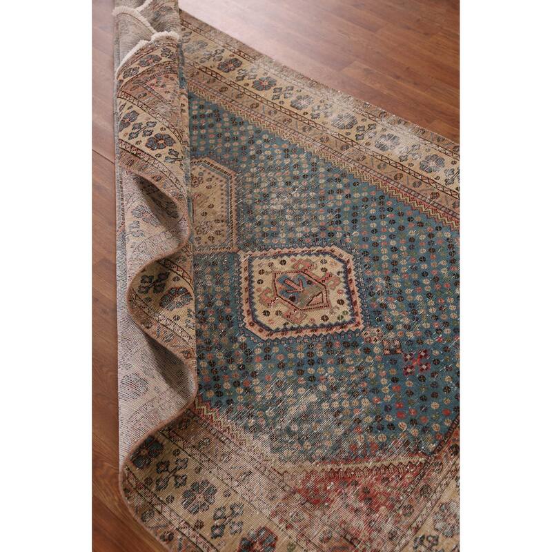 Hand Knotted Oriental 100% Wool Carpet Traditional Geometric Navy Blue & Blues Qashqai Area Rug - 6' 9'' X 4' 5''
