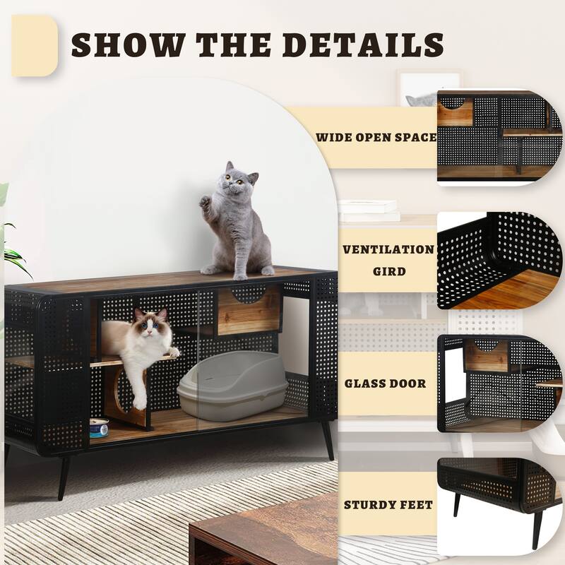 Anmytek 55.12" Spacious Cat House Tempered Glass Indoor Cat Furniture Living Room Pet House