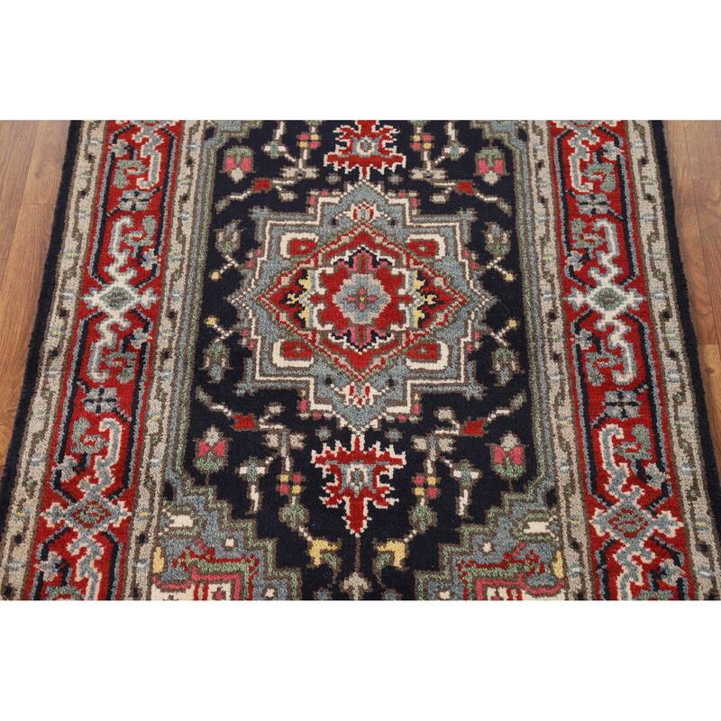 Geometric Blue Heriz Serapi Foyer Rug Hand-Knotted Wool Carpet - 3'0" x 4'11"