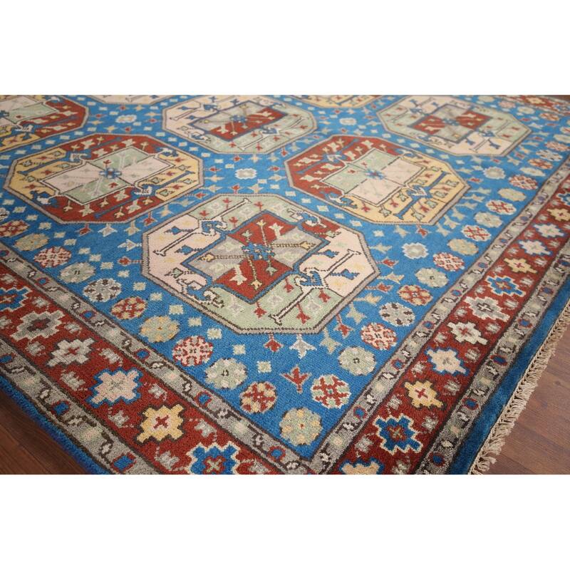 Blue Geometric Heriz Serapi Area Rug Handmade Wool Carpet - 8'0"x 9'10"