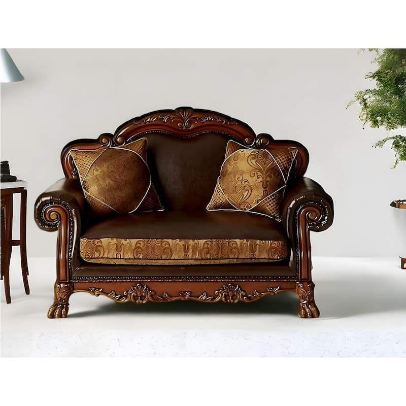 HomeRoots 67" Brown And Redwood Faux Leather Loveseat and Toss Pillows - 67.00 in. x 44.00 in. x 40.00 in. - Brown