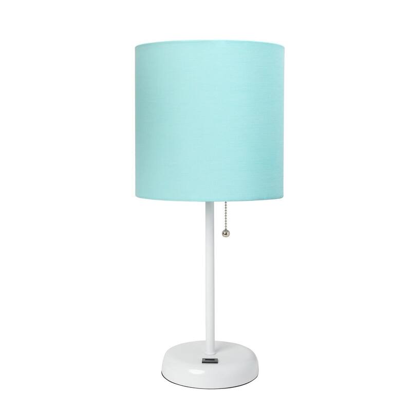 19.5 in. White Finish Table Lamp with Blue Shade, Durable Stick Lamp for End/Side Tables