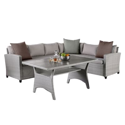 Maria 3 Piece Outdoor Patio Dining Set, L Sectional Sofa with Table, Black
