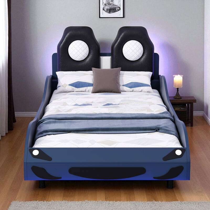 Twin Size Wood Race Car Platform Bed with LED Lights, Upholstered Backrest & Safety Rails