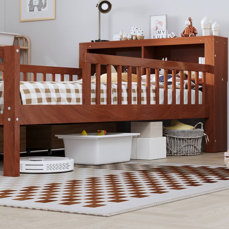 Twin Size Bed with Headboard Storage, Under-Bed Drawers & Safety Guardrails,Walnut